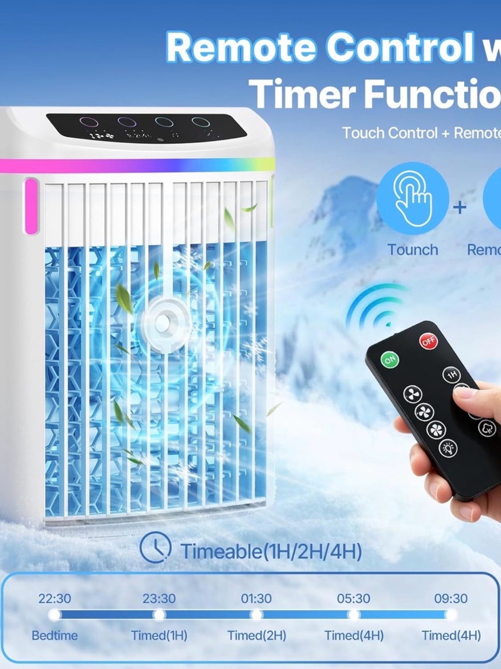 Portable White Air Cooler with RGB Accent - Remote & Touch Control